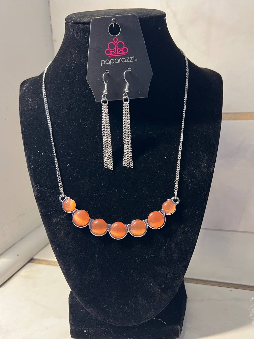 Paparazzi Orange Cabochon Silver-Tone Necklace with Tassel Earrings